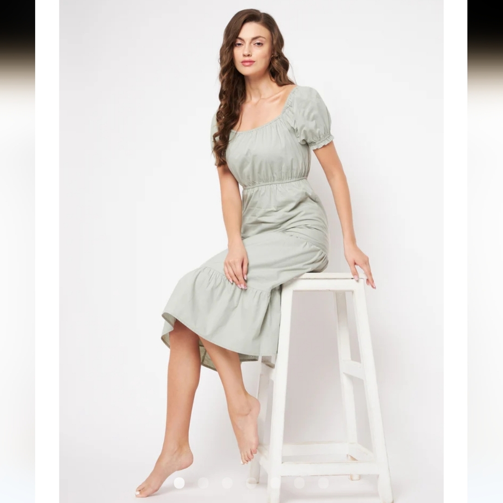 Sim & Sam Sage Poplin Midi Dress NWT Womens Size M Puff Sleeve Tiered